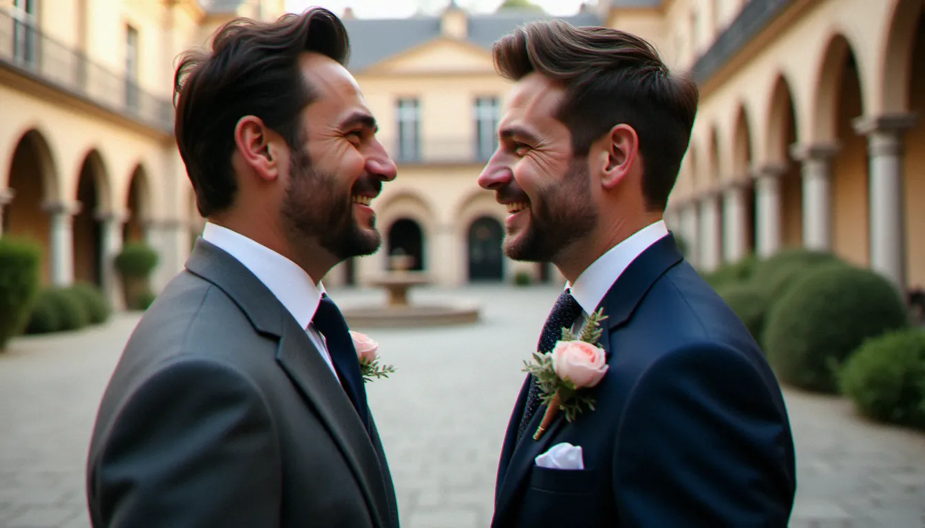Deux mariés en costume mariage luxe homme sur-mesure se faisant face dans la cour d'une mairie lyonnaise, émotion palpable au moment de la cérémonie