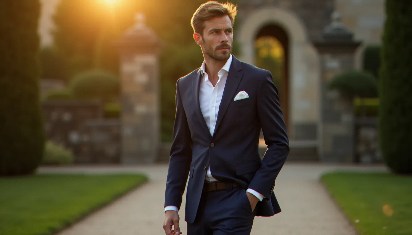 Marié en costume mariage luxe homme bleu nuit coupe italienne, portrait plein pied dans un jardin de château au coucher du soleil