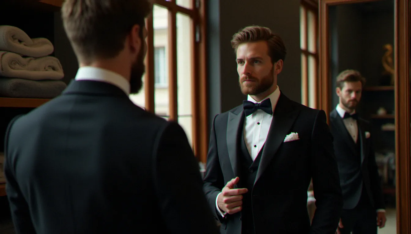 Essayage d'un costume mariage noir homme chez un tailleur lyonnais, avec ajustement précis des épaules et des manches en lumière naturelle tamisée