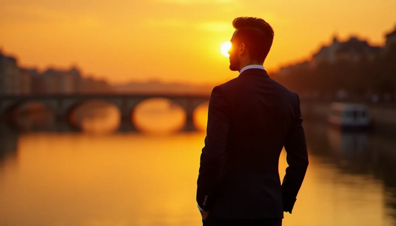 Marié en costume mariage noir homme slim-fit contemplant le coucher de soleil sur les berges du Rhône à Lyon, silhouette découpée sur un ciel ambré et doré