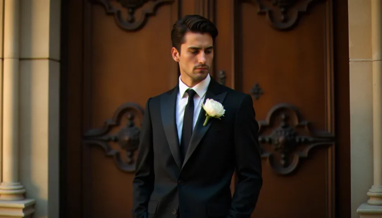 Marié en costume mariage noir homme à revers de soie avec boutonnière blanche, posant devant l'entrée en pierre d'une église lyonnaise dans la lumière dorée du matin