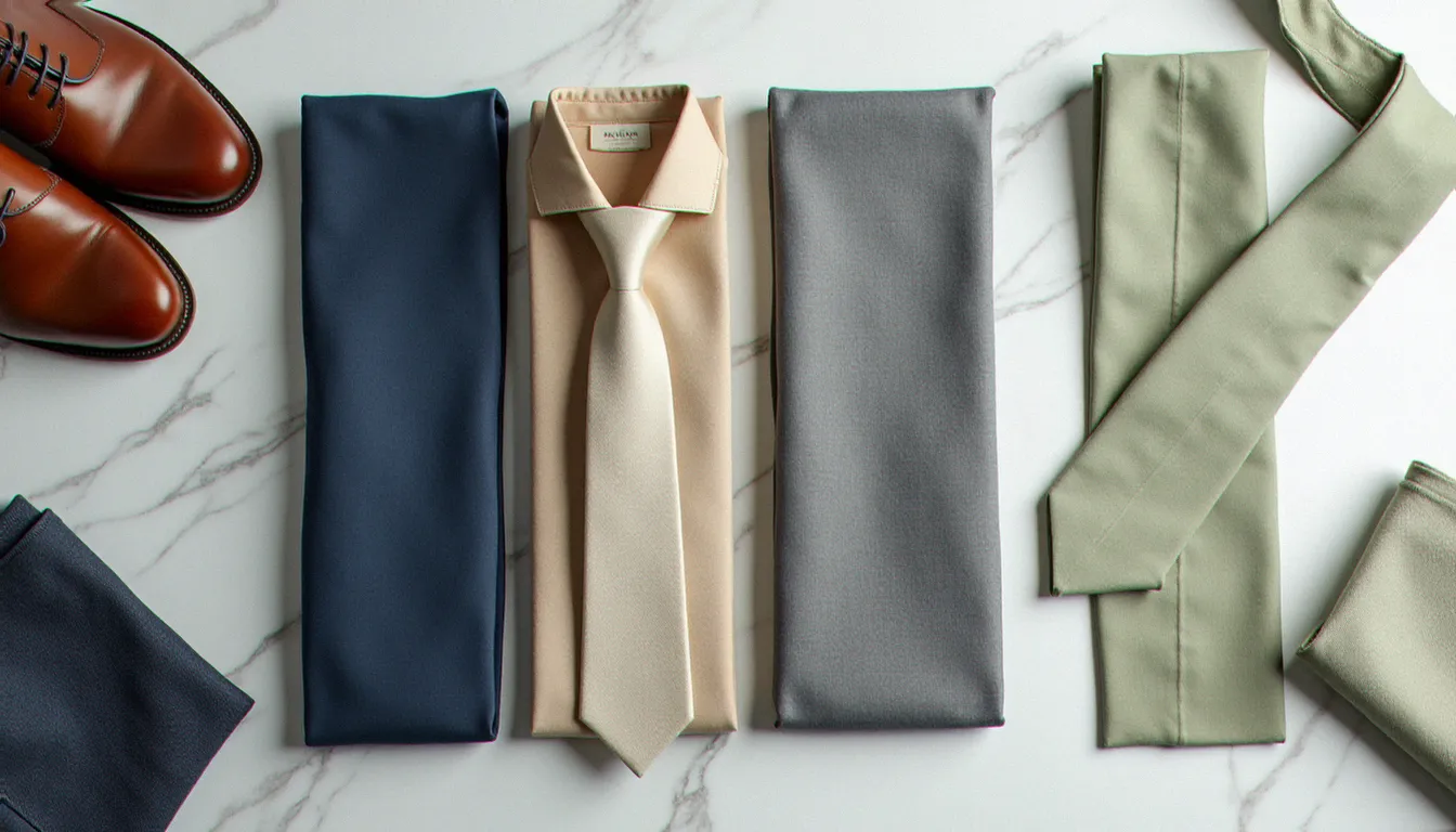 Assortiment de tissus de costume pour mariage en bleu marine, gris anthracite, beige et vert sauge posés sur marbre avec cravate et chaussures en cuir