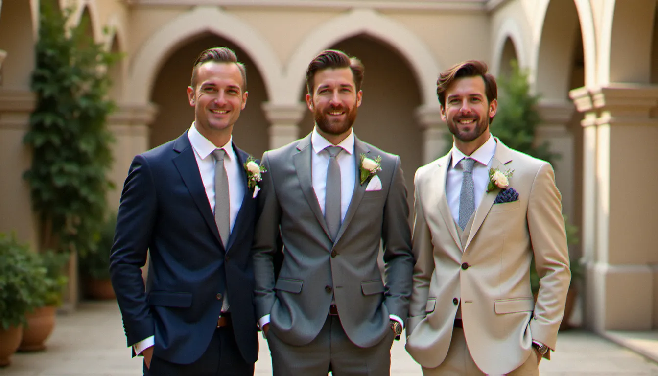 Trois invités en costume pour mariage dans une cour en pierre ensoleillée, portant respectivement un costume bleu marine, gris trois pièces et lin beige