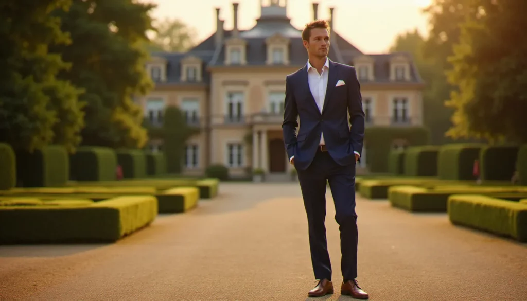 Invité en costume bleu marine bien ajusté avec pochette blanche, debout devant un château français lors d'un mariage en plein soleil