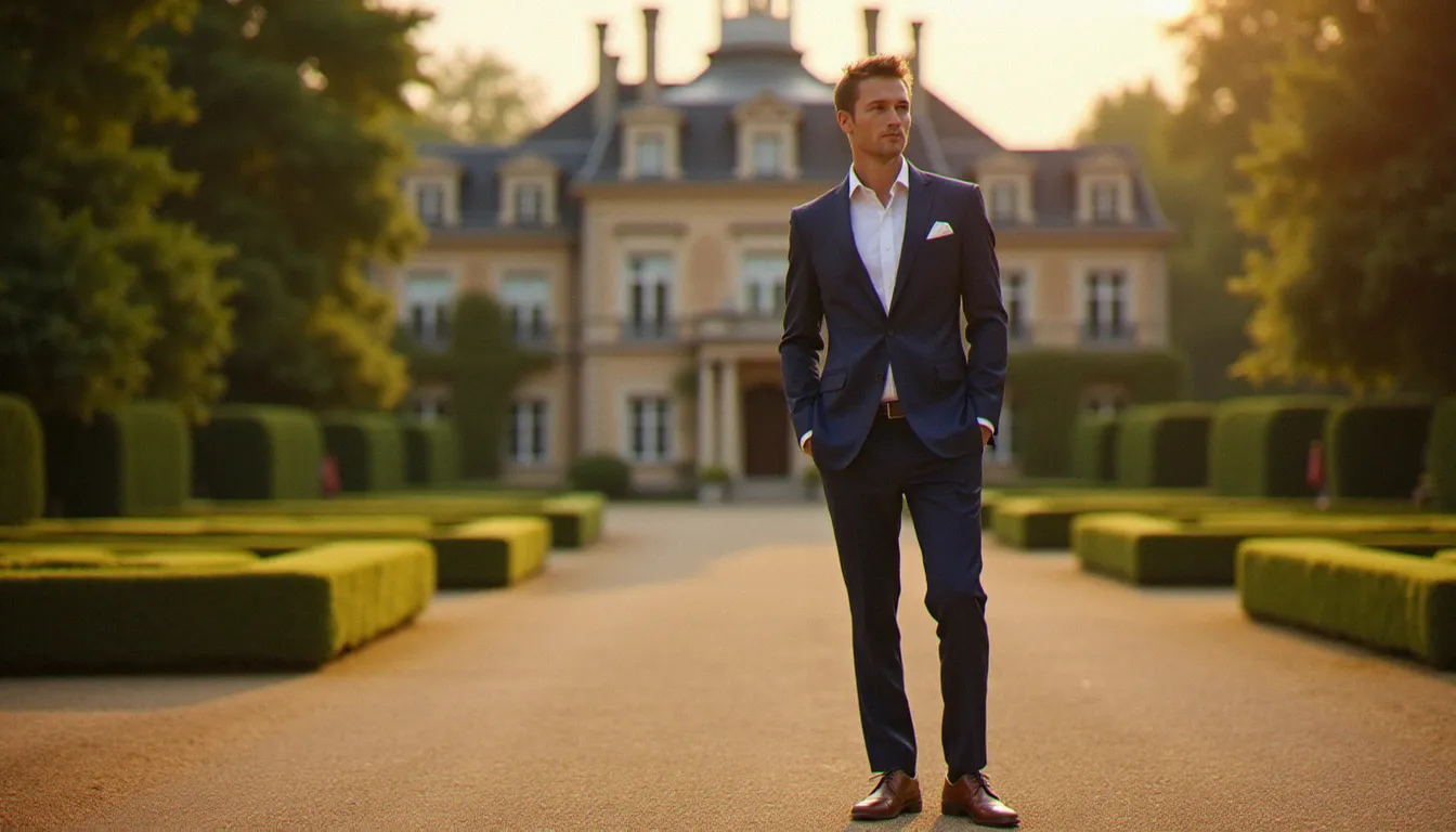 Invité en costume bleu marine bien ajusté avec pochette blanche, debout devant un château français lors d'un mariage en plein soleil