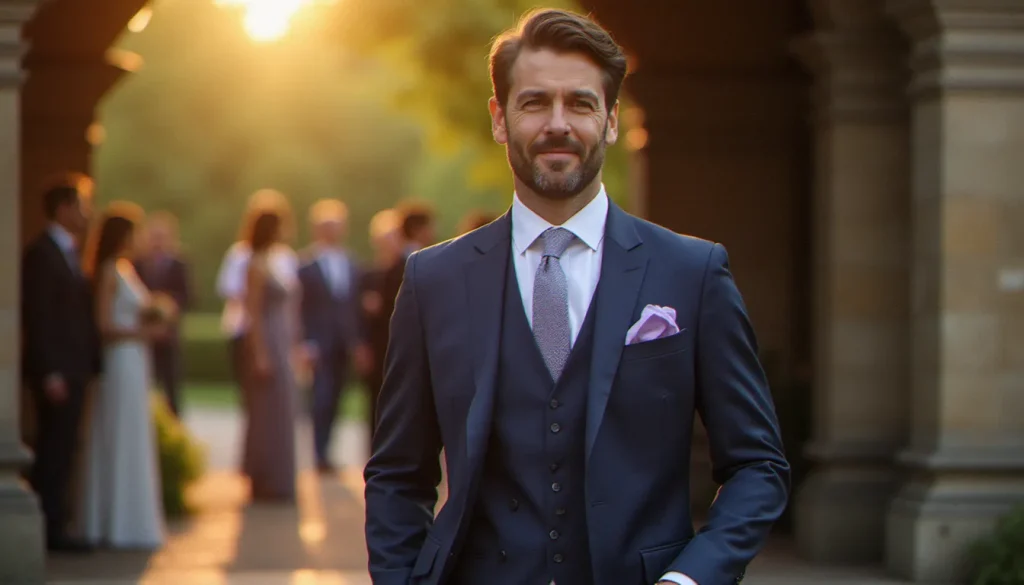 Invité de mariage portant un costume pour mariage invité bleu marine trois pièces devant un château français lors d'une réception en été