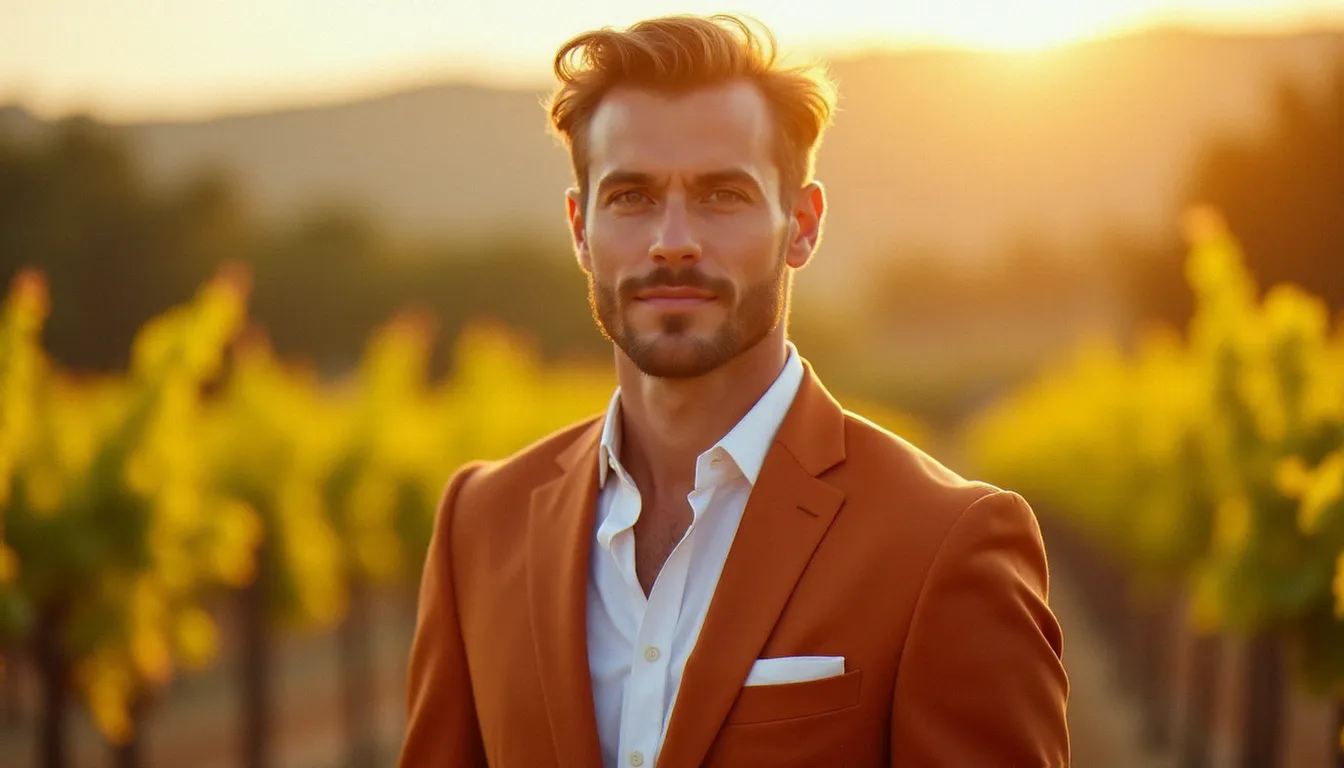 Portrait rapproché d'un marié à carnation mate portant un costume terracotta en lin dans un domaine viticole ensoleillé, illustration du choix de couleur costume mariage adapté à sa carnation