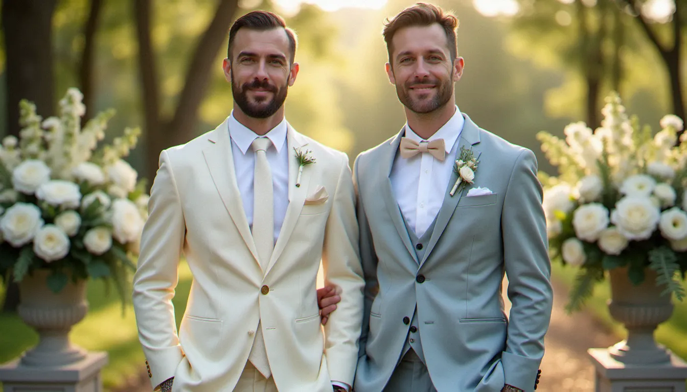 Deux mariés côte à côte portant des costumes ivoire et bleu poudre coordonnés lors d'une cérémonie en jardin fleuri, harmonie de couleur costume mariage en lumière naturelle douce