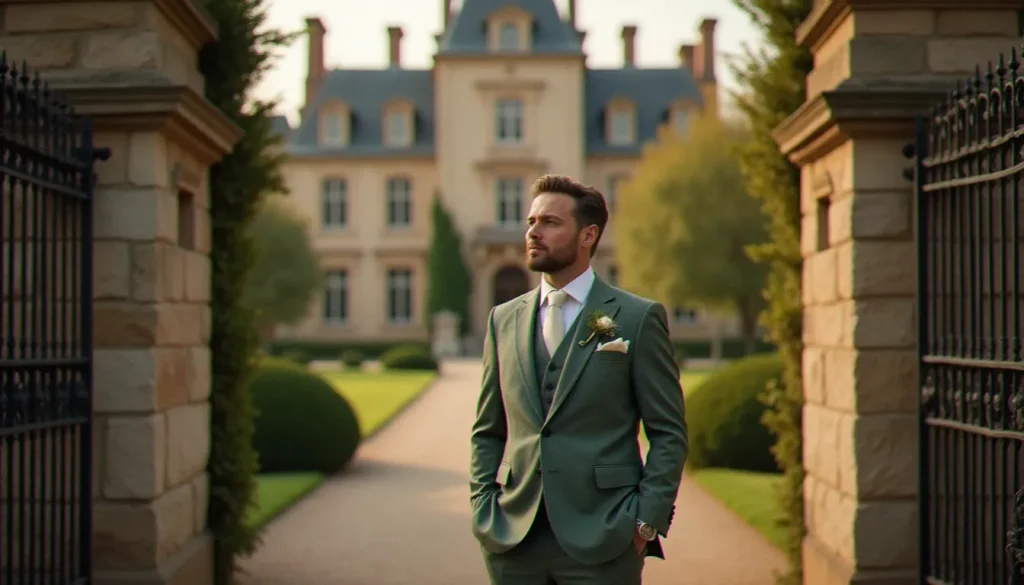 Marié en costume vert sauge élégant devant l'entrée en pierre d'un château français, lumière dorée de fin d'après-midi, illustrant un choix de couleur costume mariage moderne et raffiné