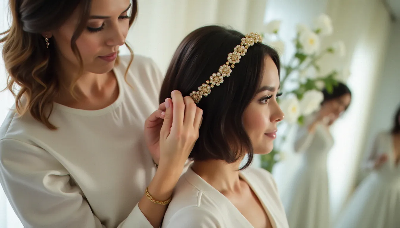 Coiffeuse posant avec soin un serre-tête doré sur la coupe mariage cheveux court d'une mariée lors des préparatifs du matin