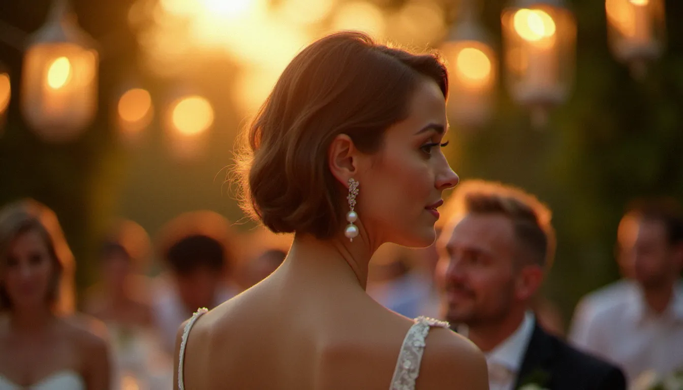 Mariée photographiée de dos avec une coupe mariage cheveux courts ondulée, nuque élégamment dégagée mise en valeur par la lumière dorée du coucher de soleil lors d'une réception en jardin
