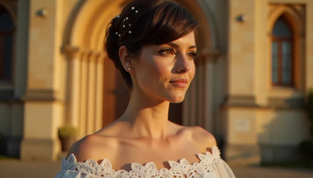 Mariée arborant une coupe mariage cheveux court de type pixie ornée d'épingles nacrées, en robe de dentelle blanche, baignée dans la lumière dorée d'une église lyonnaise