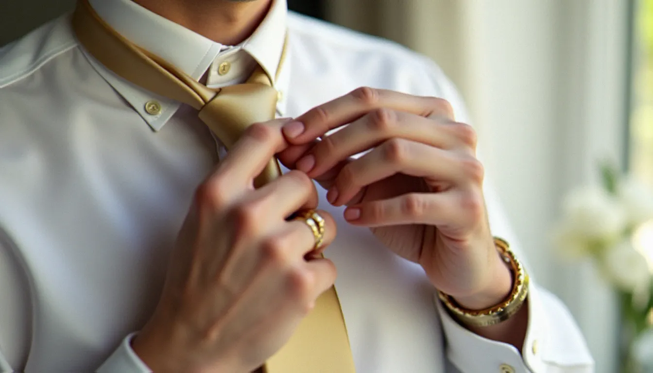 Gros plan sur des mains masculines réalisant un nœud Windsor sur une cravate homme mariage en soie dorée, avec une lumière naturelle douce