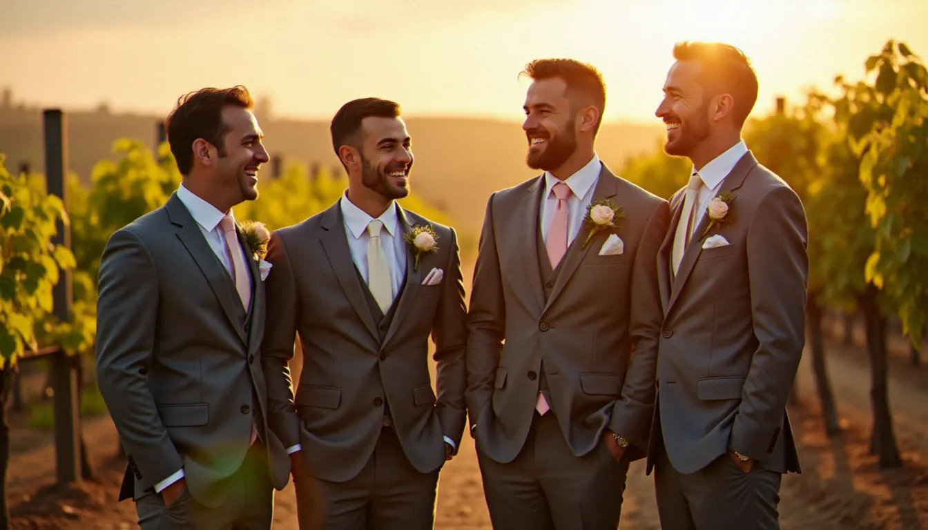Marié et témoins coordonnant leurs cravates homme mariage dans un vignoble de la région lyonnaise sous une lumière dorée en fin d'après-midi