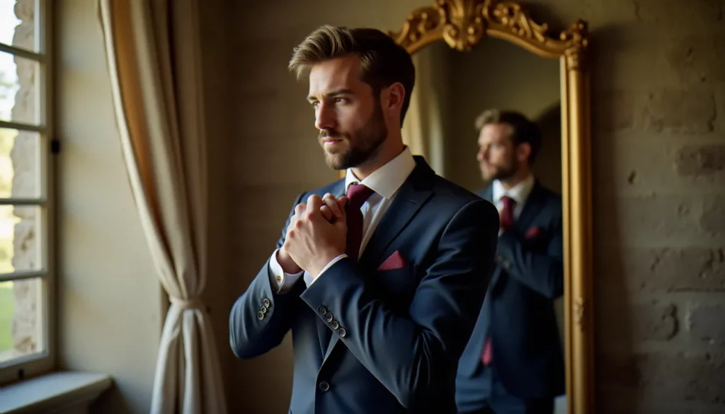 Marié en costume bleu marine ajustant sa cravate homme mariage en soie bordeaux devant un miroir ancien lors des préparatifs dans un château lyonnais
