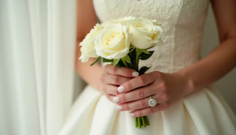 Mains d'une mariée portant une french manucure mariage classique avec liseré blanc, alliance et bague de fiançailles visibles, tenant un bouquet de roses blanches en lumière naturelle