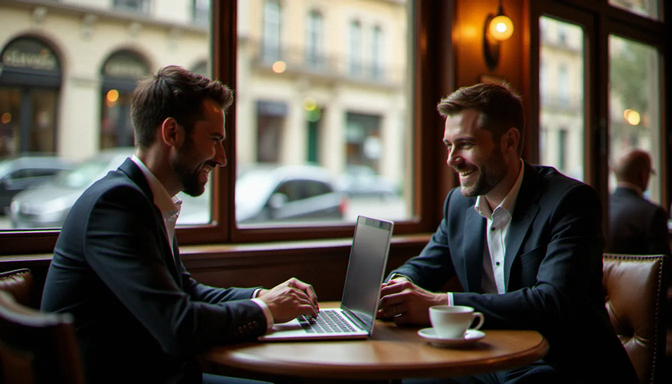 Photographe et futur marié consultant ensemble des photos de mariage sur un ordinateur dans un café lyonnais lors d'une réunion de préparation détendue