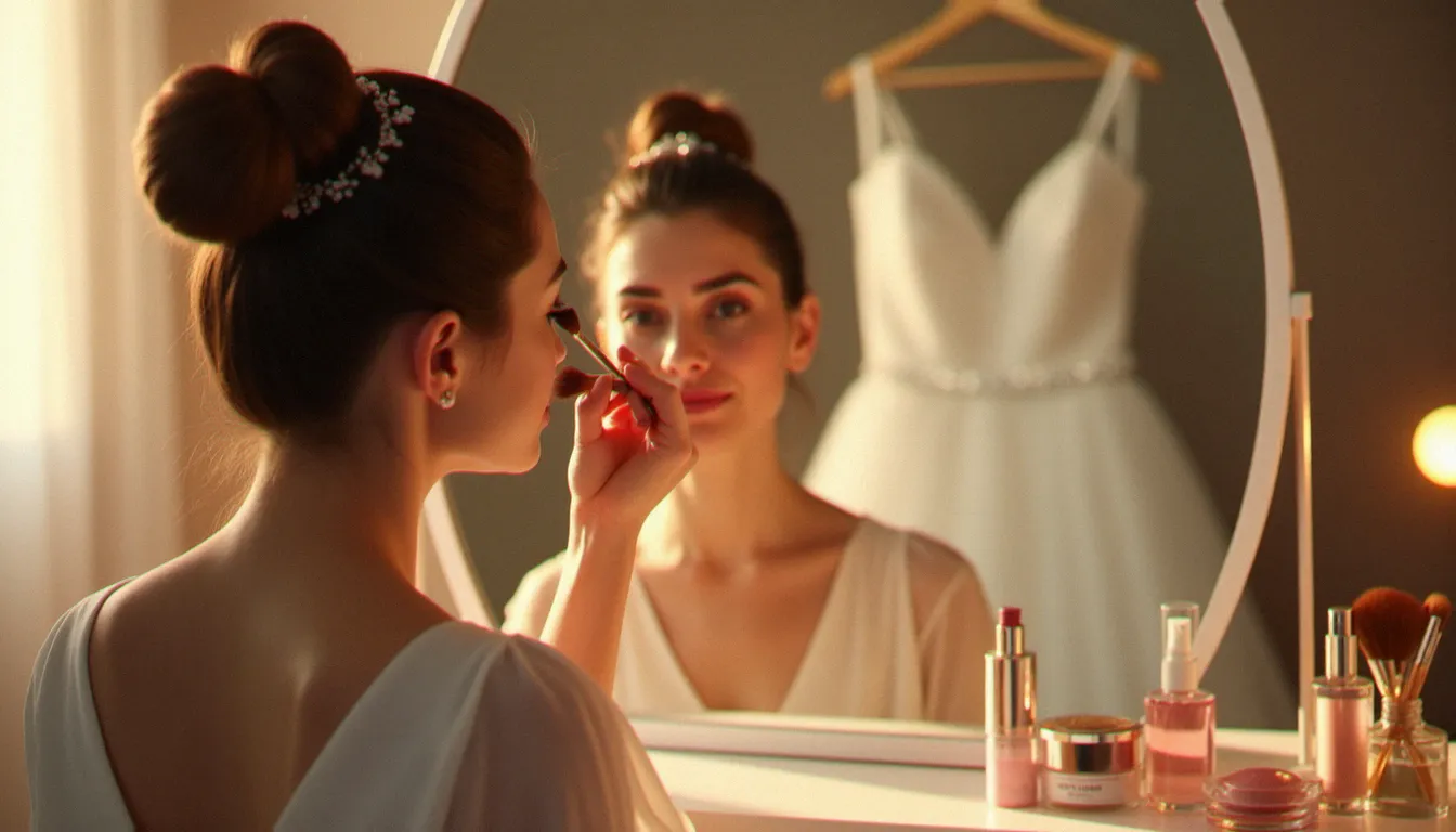 Maquilleuse professionnelle appliquant un blush nacré sur le visage d'une mariée lors de la préparation du maquillage mariage, lumière chaude matinale
