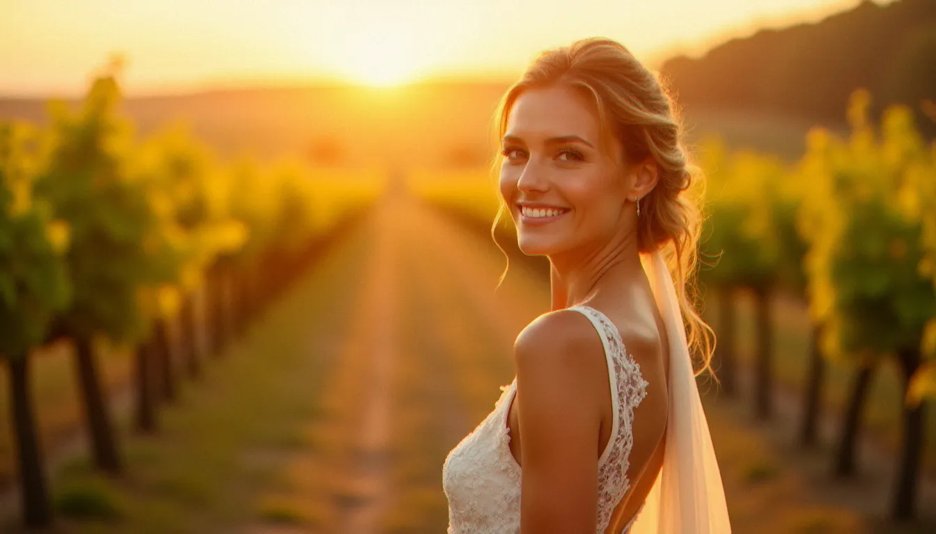 Mariée en robe de dentelle dans les vignes du Beaujolais au coucher du soleil, maquillage mariage naturel lumineux sublimé par la lumière dorée du soir