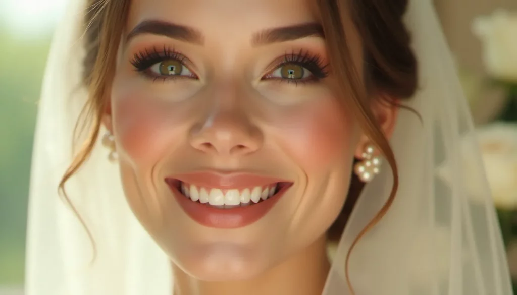 Portrait en gros plan d'une mariée portant une idée maquillage mariage naturelle et lumineuse, peau de verre et lèvres nudes dorées sublimées par une lumière naturelle douce