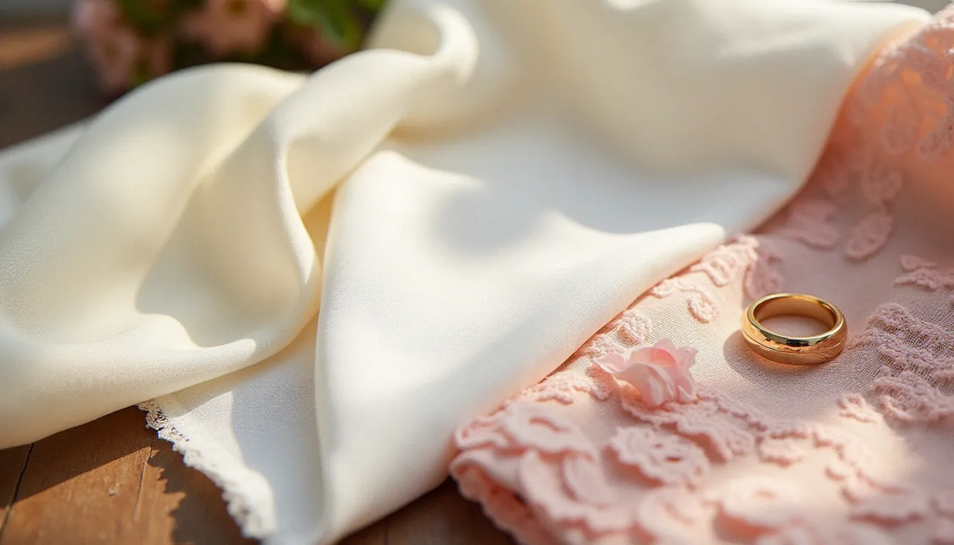Détail de trois matières textiles bohème chic — mousseline de soie, broderie anglaise et dentelle Chantilly — posées sur une table en bois brut avec des fleurs séchées