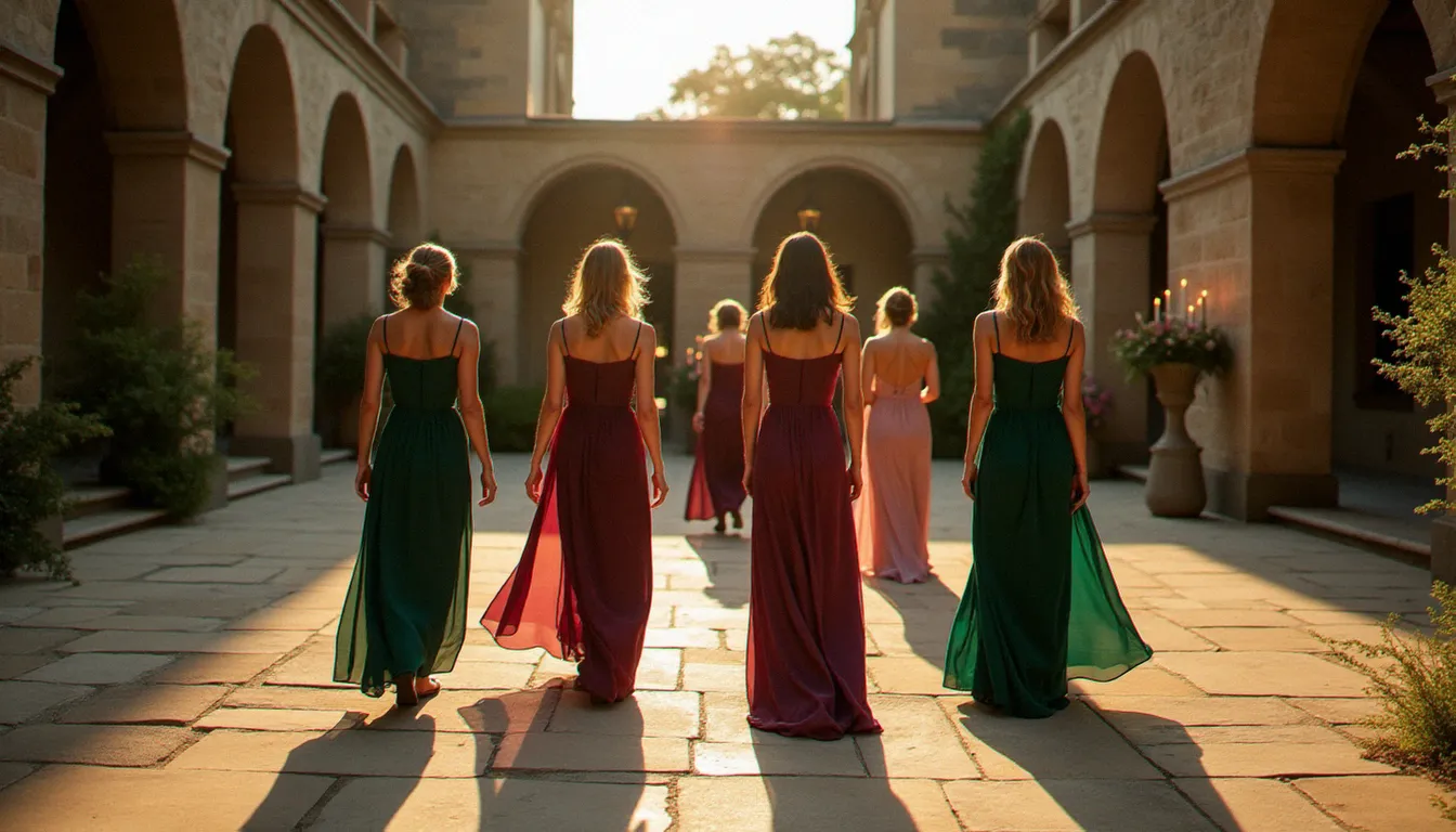 Groupe d'invitées en robes bohème chic dans les tons profonds traversant la cour d'un château français sous la lumière dorée de fin de journée