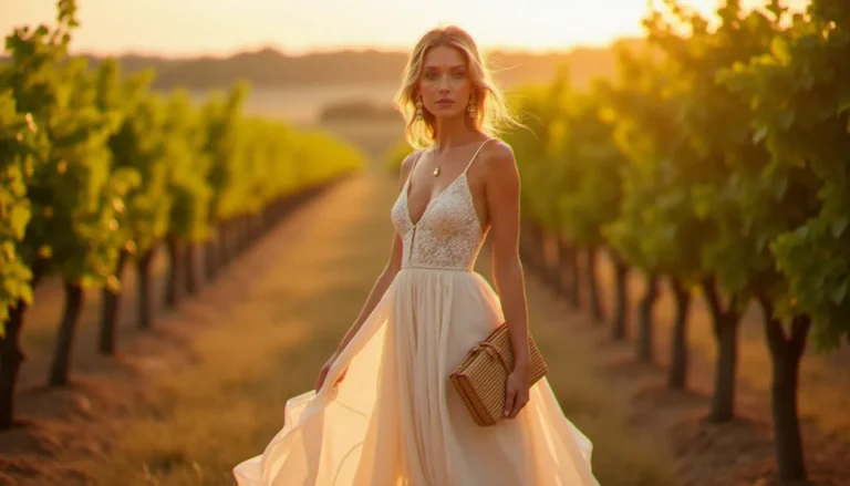 Invitée portant une robe bohème chic en broderie ivoire dans un vignoble au coucher du soleil, accessoirisée d'un clutch en rotin et de sandales en cuir