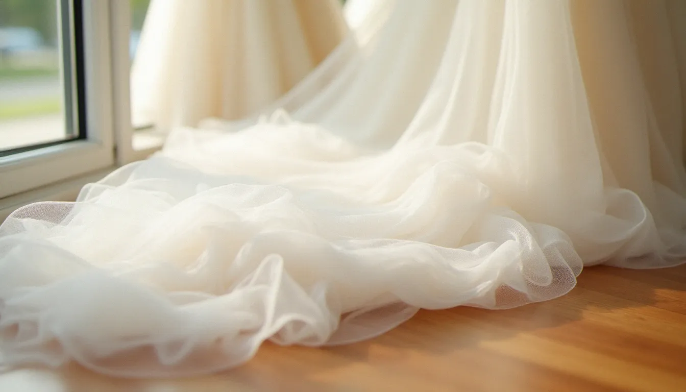 Comparaison de plusieurs types de jupons tulle ivoire et blancs posés sur le sol d'une boutique de mariée, mettant en valeur les différentes textures et volumes disponibles