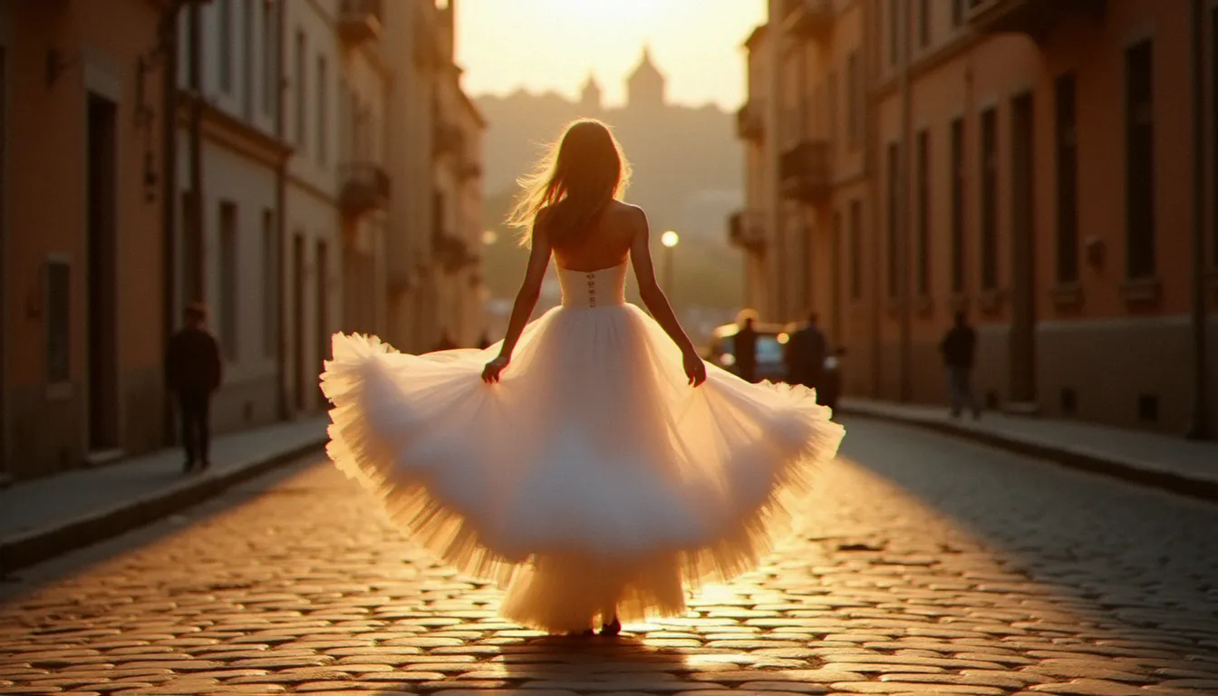 Mariée faisant tournoyer sa robe à jupons tulle dans une rue pavée du Vieux-Lyon, avec la basilique de Fourvière visible en arrière-plan flou sous la lumière de fin d'après-midi