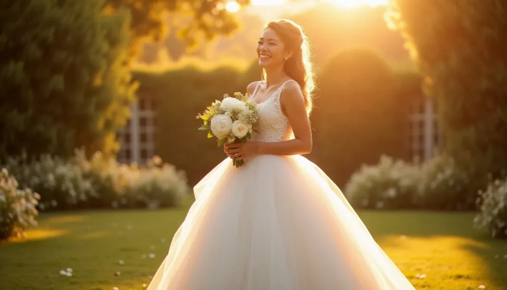 Mariée rayonnante en robe de bal avec jupons tulle blancs volumineux dans un jardin ensoleillé, la lumière dorée traversant les couches de tulle autour de sa silhouette