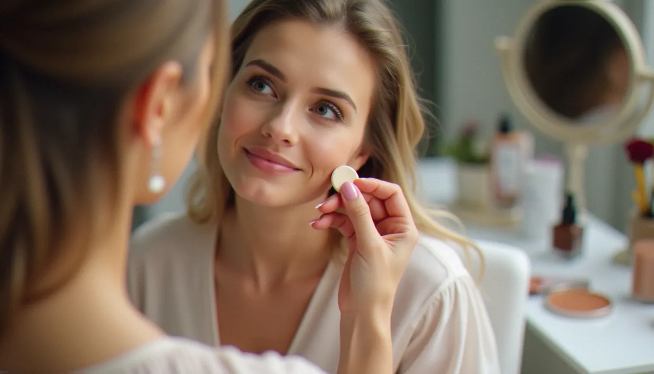 Maquilleuse appliquant un fond de teint fluide léger sur le visage d'une mariée avec une éponge, résultat naturel et couvrance minimale