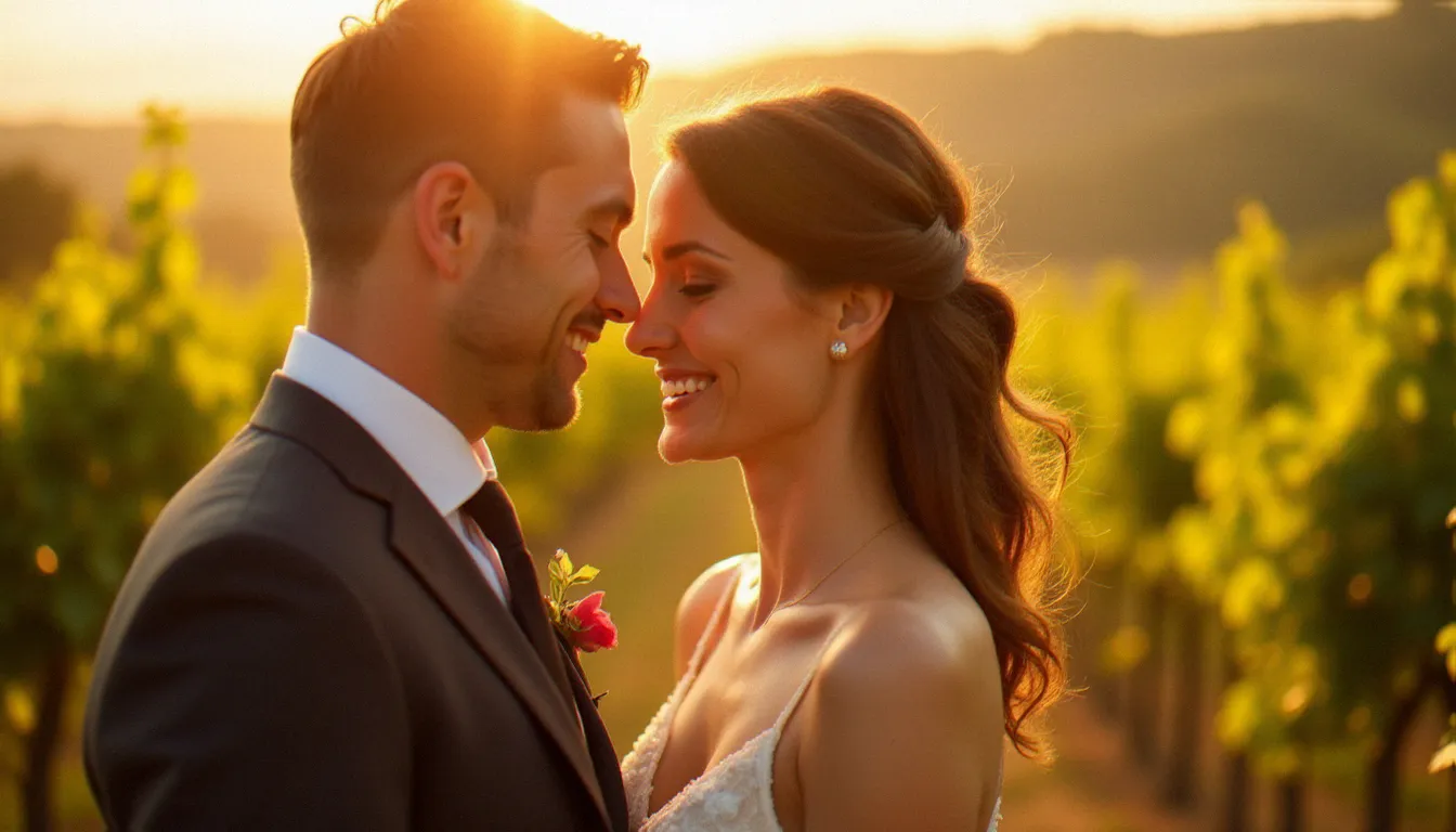 Couple de mariés dans un vignoble lyonnais en lumière dorée, la mariée avec un maquillage léger naturel rayonnant sous la lumière du soleil couchant