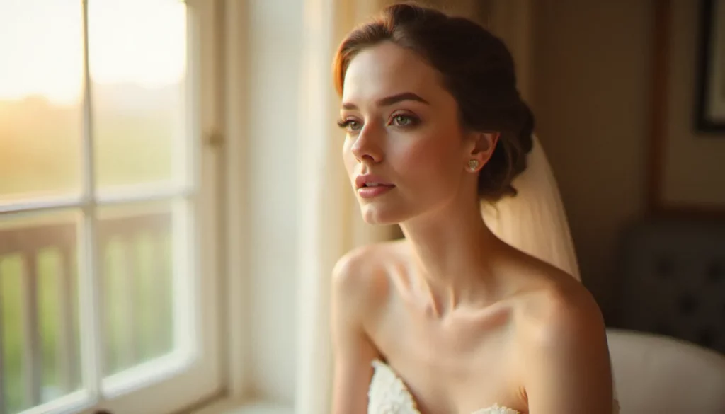 Mariée en robe blanche près d'une fenêtre lumineuse avec un maquillage léger pour mariage, teint naturel et lumineux, lèvres rosées subtiles