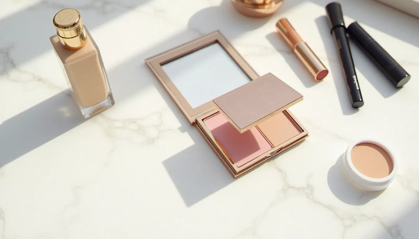 Composition de produits de maquillage longue tenue sélectionnés pour le maquillage mariage invitée, disposés sur marbre blanc avec un carton d'invitation en arrière-plan