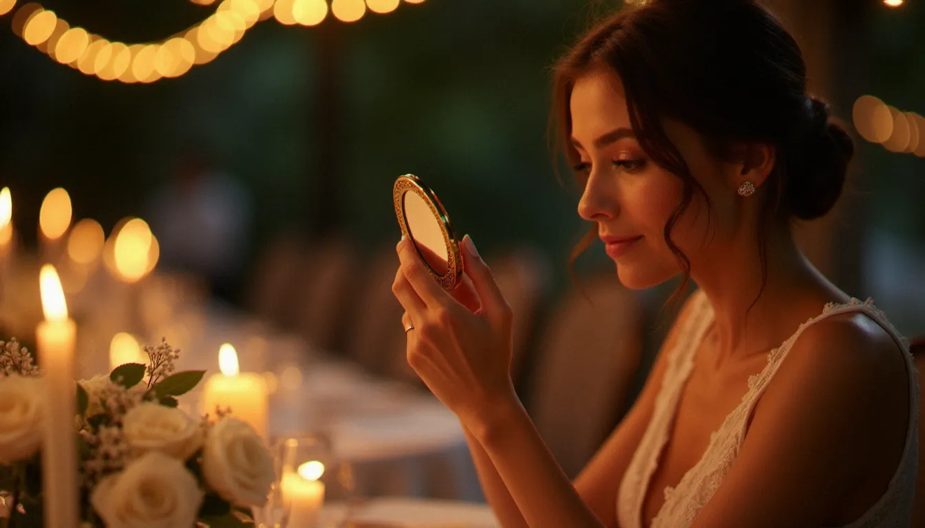 Invitée de mariage vérifiant son maquillage dans un miroir de poche à la lumière des bougies lors de la réception en soirée, illustrant l'importance de la durabilité du maquillage pour mariage invitée