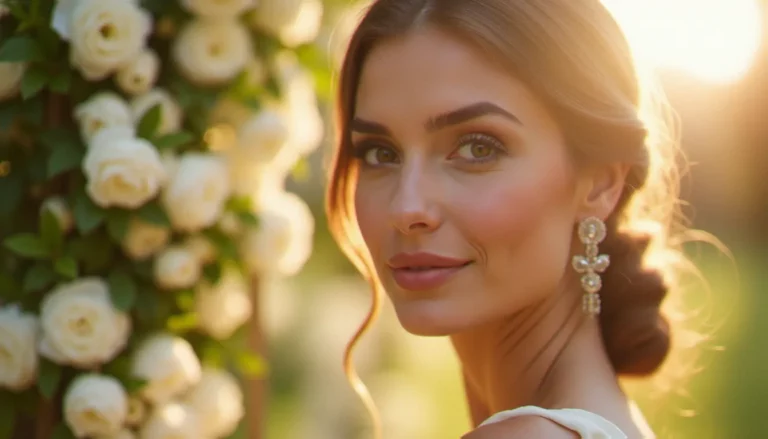 Portrait d'une invitée de mariage arborant un maquillage pour mariage invitée naturel et lumineux dans le jardin d'un château français, lumière dorée de fin d'après-midi