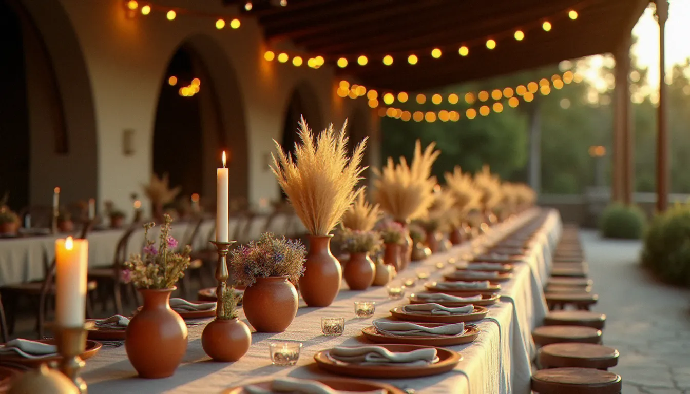 Table de réception décorée dans un esprit mariage bohème chic avec lin naturel, céramique artisanale terracotta et bougies piliers sous une grange en pierre