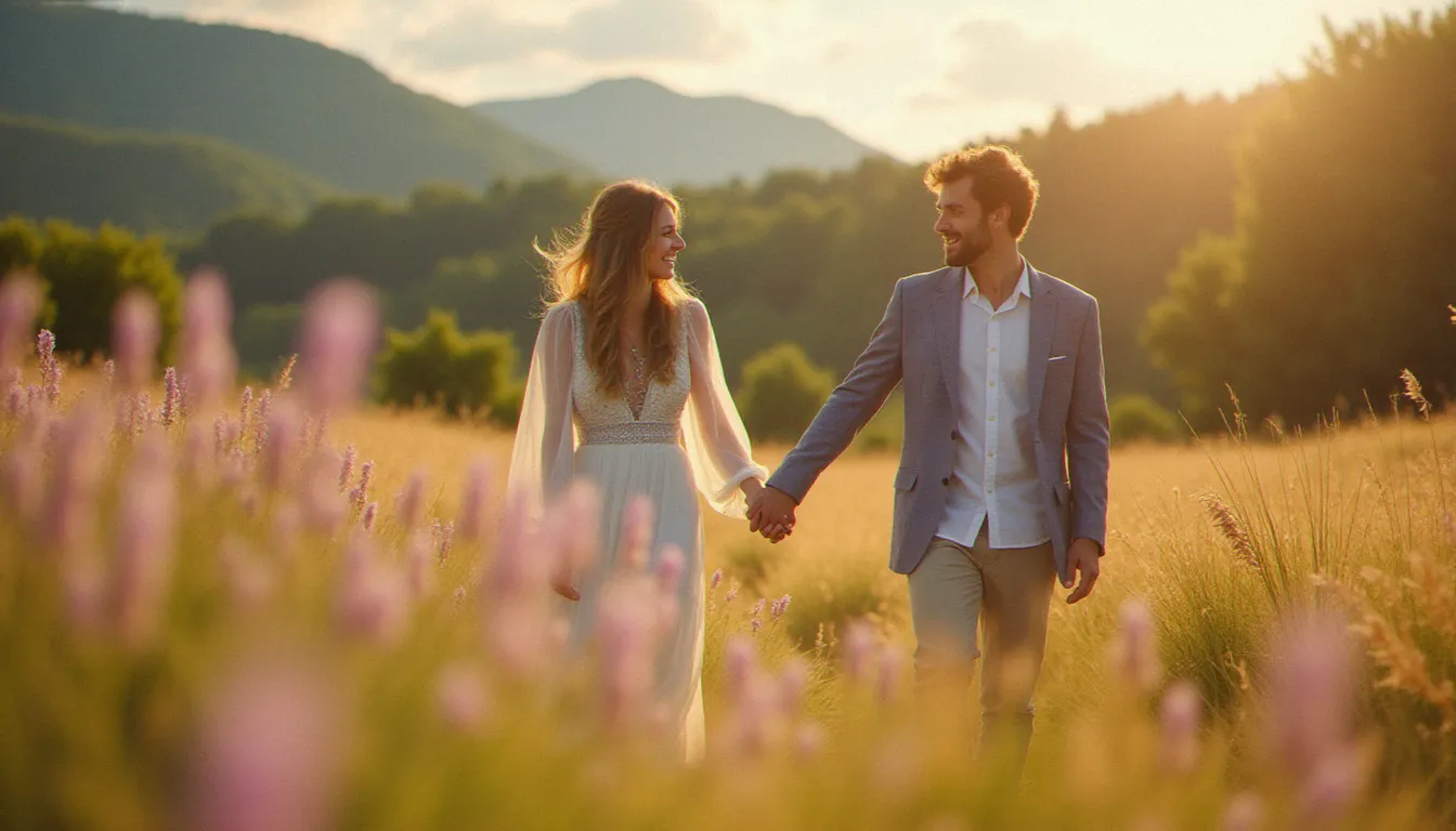 Photographe de mariage bohème chic capturant discrètement un couple spontané dans une prairie fleurie en Rhône-Alpes, approche documentaire et lumière naturelle
