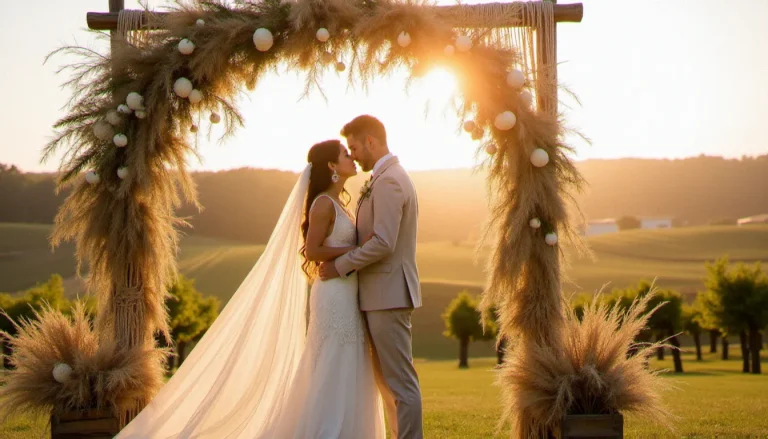 Mariés sous une arche de macramé ornée de pampa et d'eucalyptus lors d'un mariage bohème chic en vignes au coucher du soleil