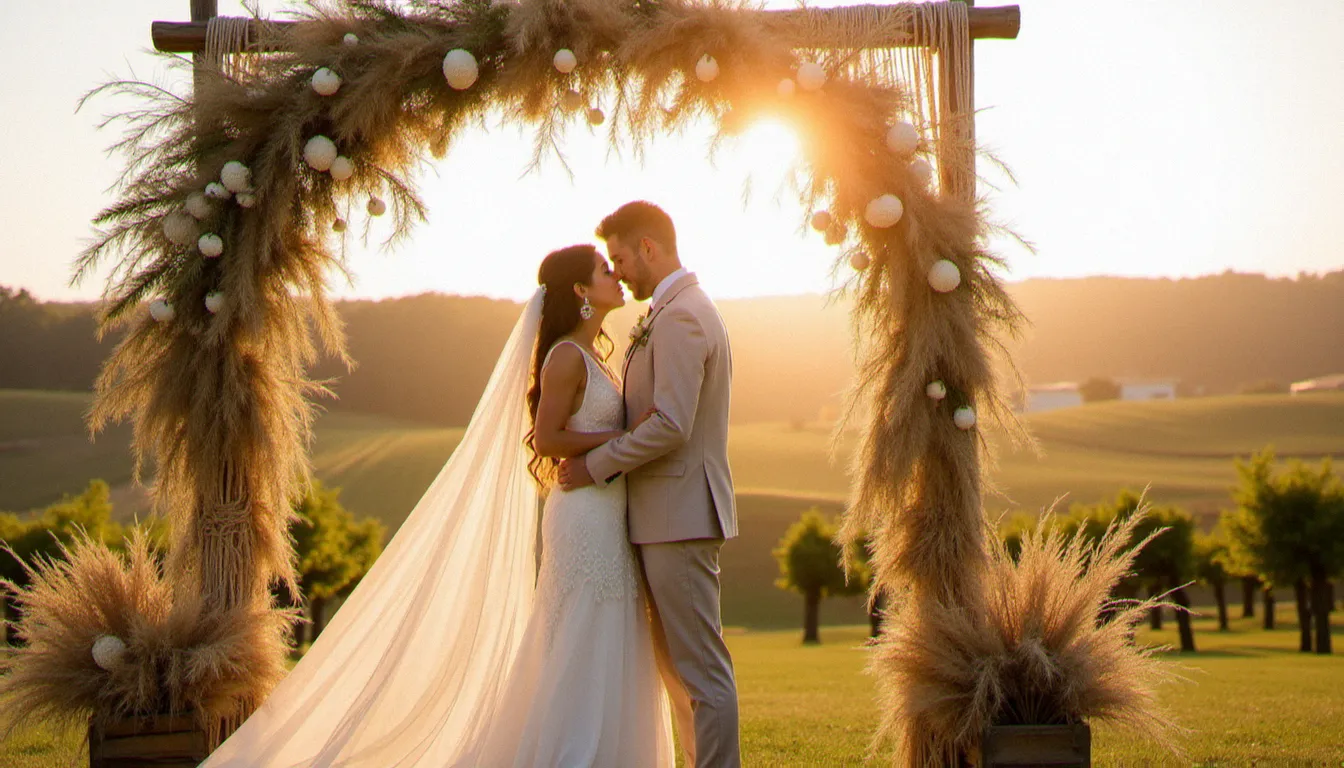 Mariés sous une arche de macramé ornée de pampa et d'eucalyptus lors d'un mariage bohème chic en vignes au coucher du soleil