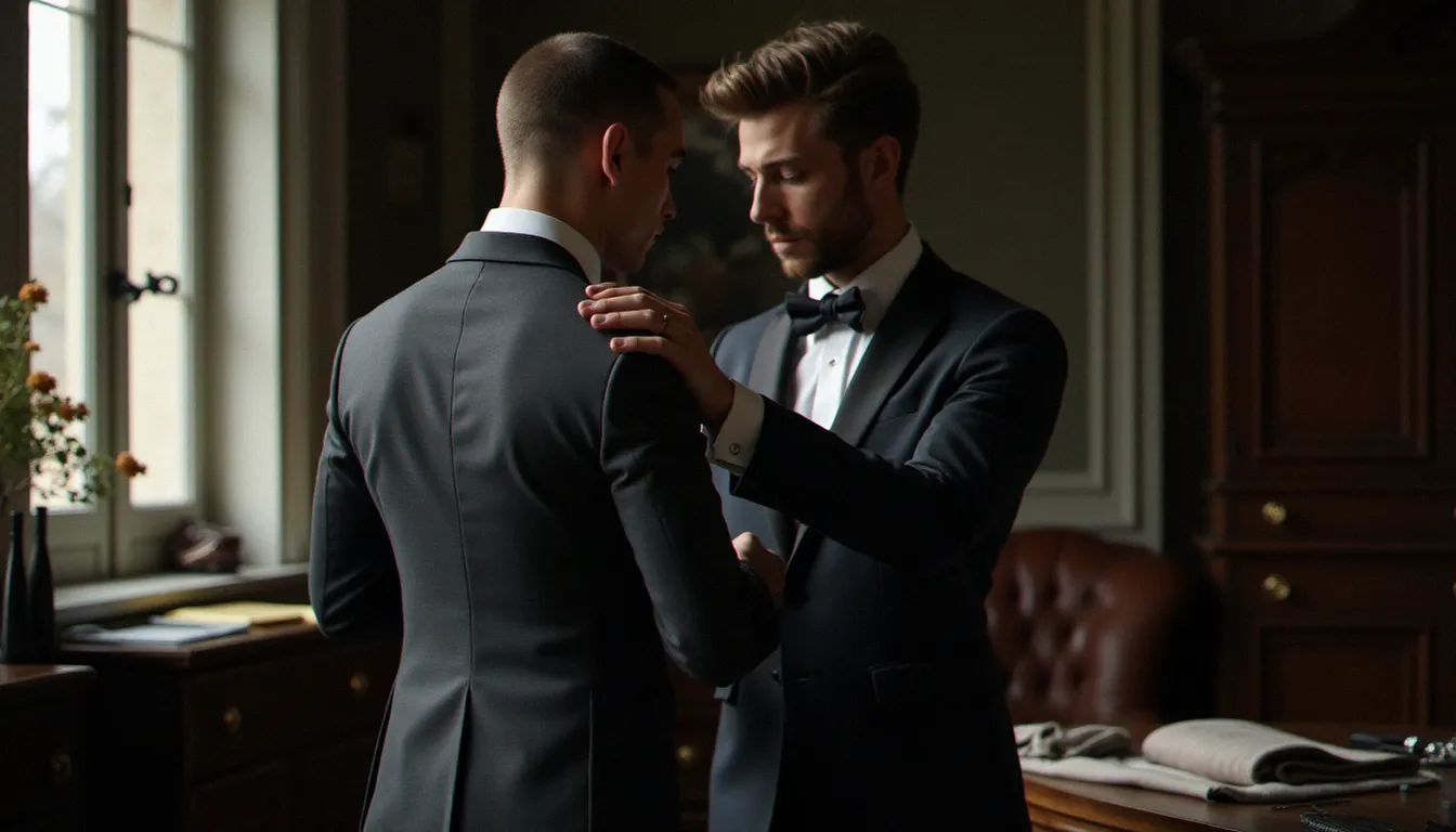 Tailleur ajustant les basques d'une jaquette grise sur un marié lors d'un essayage pour un mariage jaquette sur mesure
