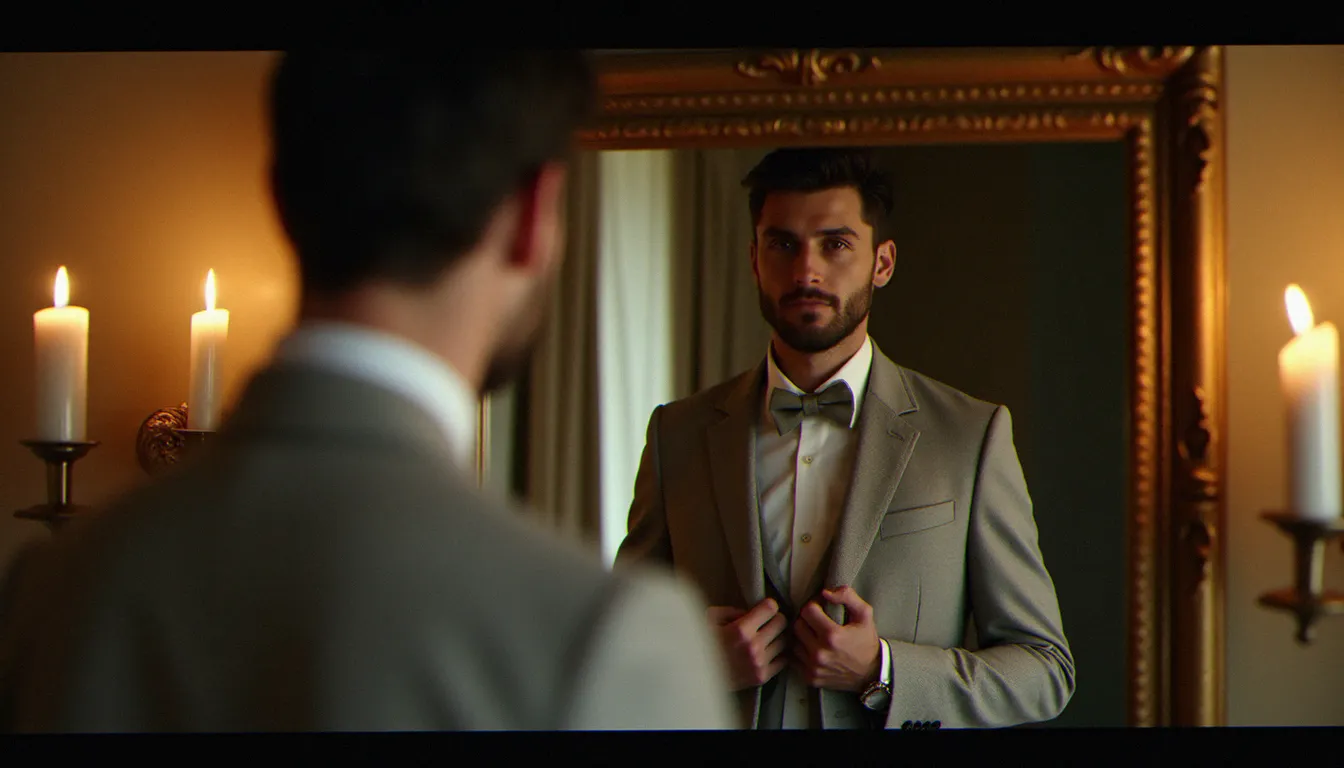 Marié en jaquette gris perle se regardant dans un miroir doré avant la cérémonie, capturant un instant d'émotion authentique lors d'un mariage jaquette