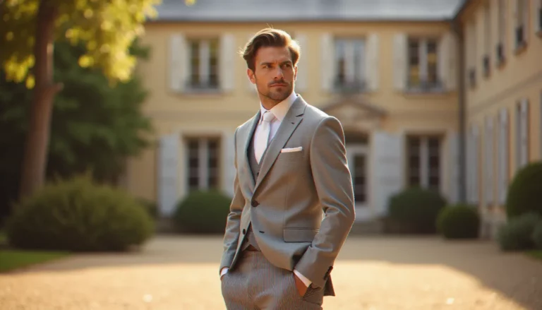 Marié en jaquette grise portant une lavallière blanche, photographié dans la cour d'un château français lors d'un mariage jaquette élégant