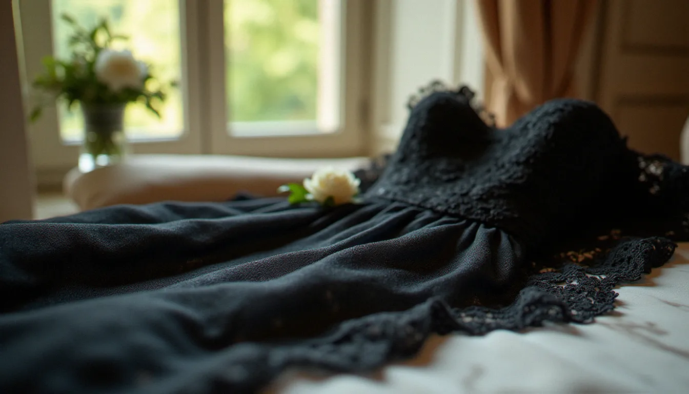 Détail d'une robe de mariée noire en soie et dentelle posée sur du marbre blanc, avec un bouquet de pivoines blanches — choix élégant du noir pour un mariage