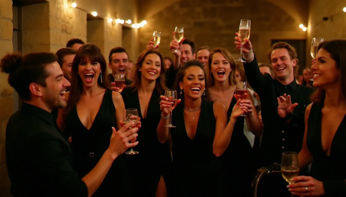 Invités de mariage habillés en noir trinquant dans une salle de réception en pierre dans le Beaujolais, lumière de soirée chaleureuse et ambiance festive