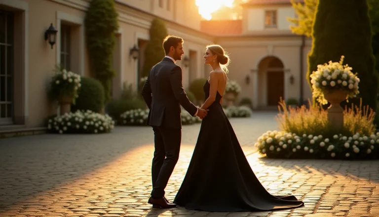 Mariée en robe noire et marié en costume anthracite dans la cour d'un château français au coucher du soleil — le noir pour un mariage dans toute son élégance naturelle