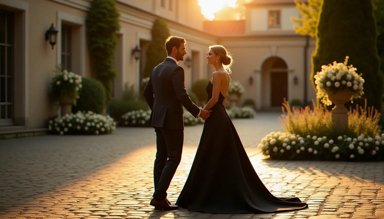 Mariée en robe noire et marié en costume anthracite dans la cour d'un château français au coucher du soleil — le noir pour un mariage dans toute son élégance naturelle