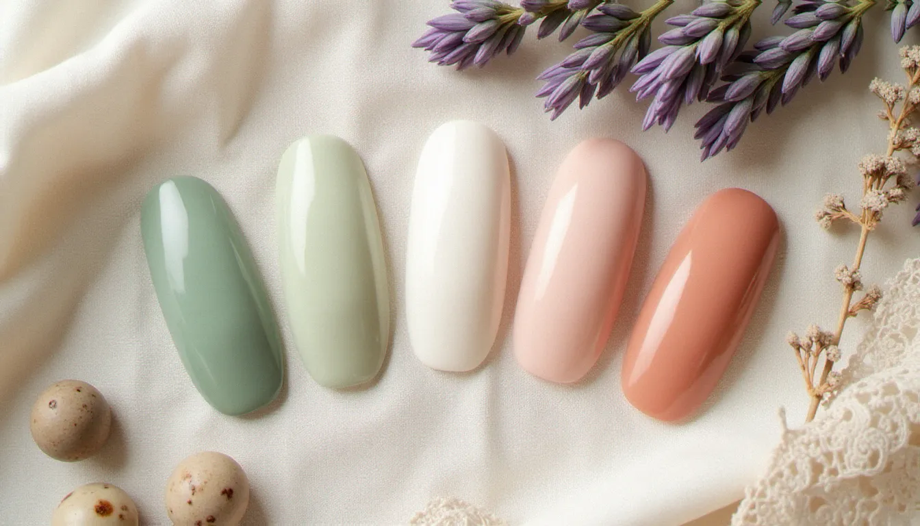 Palette de nuances pour ongles mariage champêtre disposée sur lin naturel avec lavande séchée et fleurs pressées, présentant les teintes nude, vert sauge, ivoire et rose poudreux adaptées à un mariage en plein air