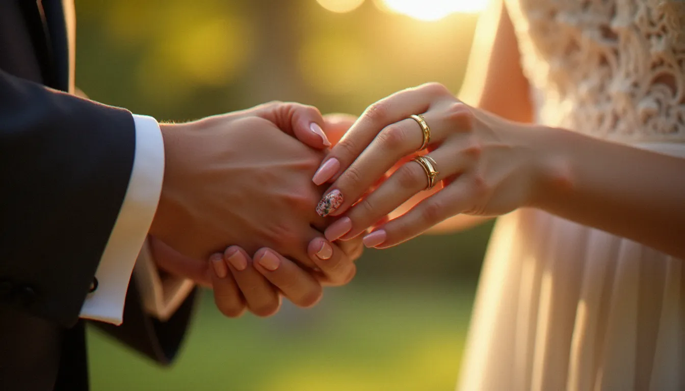 Mains des mariés lors de l'échange des alliances en plein air, ongles mariage champêtre en rose blush avec inclusions botaniques en gel transparent, lumière naturelle dorée filtrée par les feuillages en arrière-plan