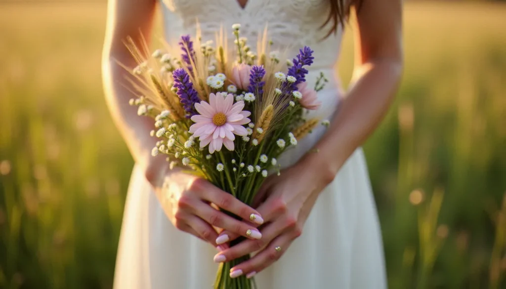 Mains de mariée aux ongles mariage champêtre rose nude avec fleurs en relief délicates, tenant un bouquet de fleurs sauvages et de lavande à la lumière dorée d'un après-midi en plein air